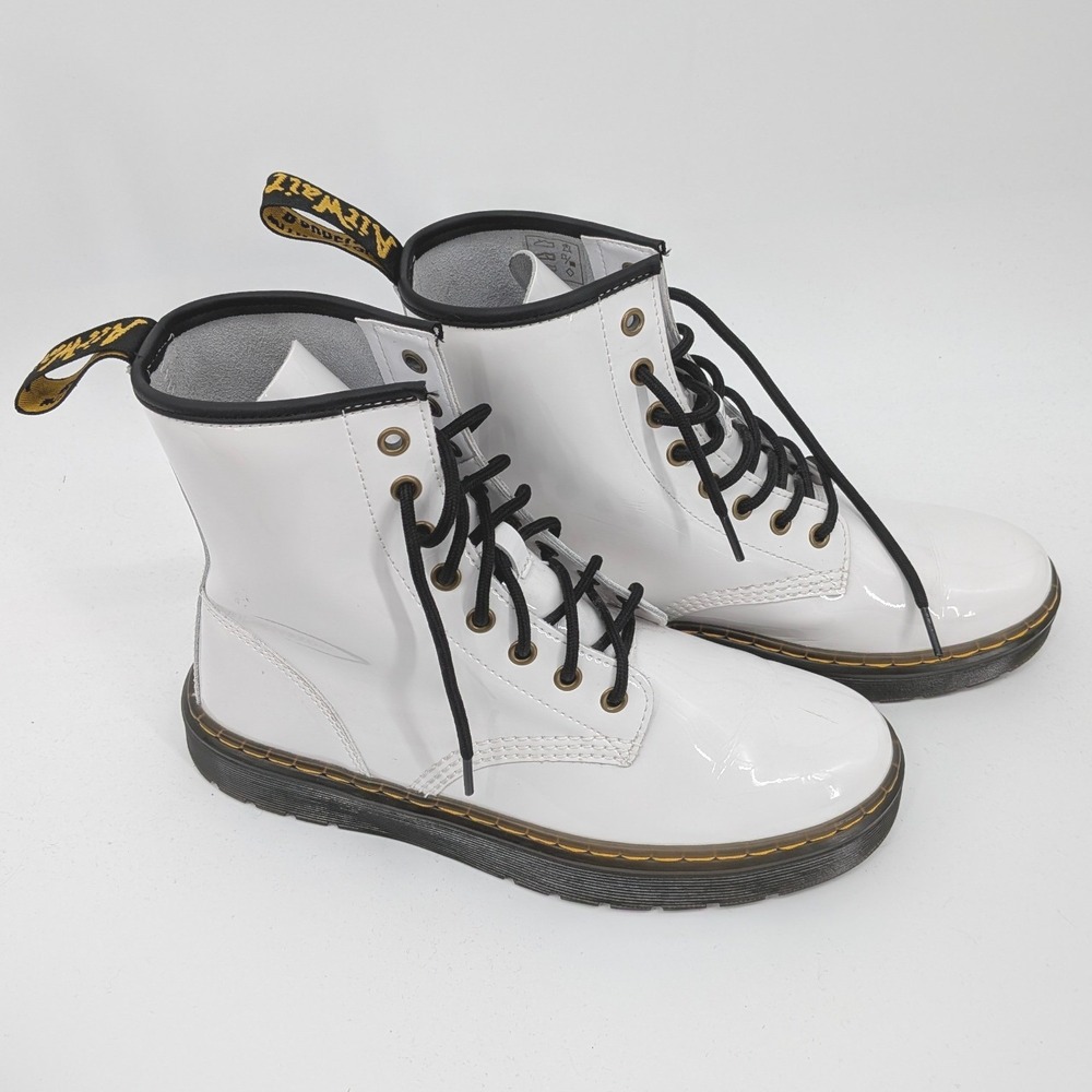 Dr. Martens White Patent Combat Boots with Black Laces